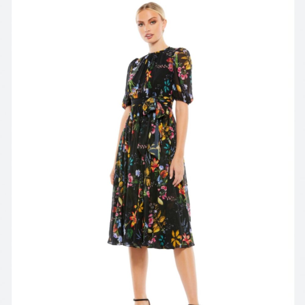 NWT Mac Duggal Floral Pattern High Neck Belted Midi Dress Size 16